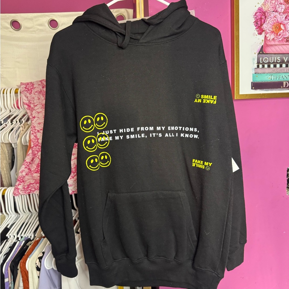 Black Hoodie with Smiley Face Design